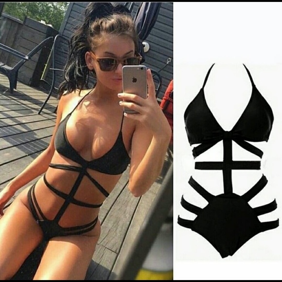Cut Out Bathing Suit Black One Piece Swimwear Chea - Picture 1 of 8